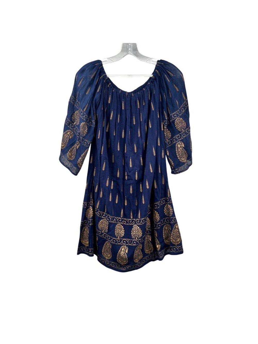 Lapogee Womens Off Shoulder Mini Shift Dress Blue/Gold Print Size Small